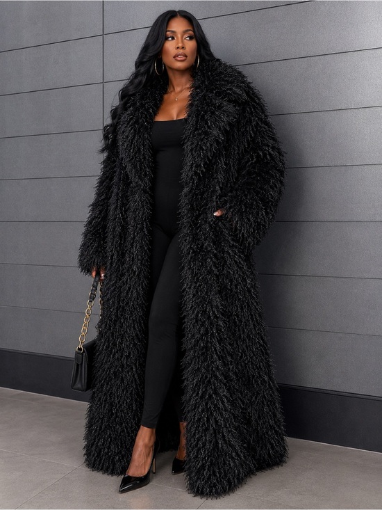 Glitz Jackets & Blazers - Black Luxe Shaggy Long Coat